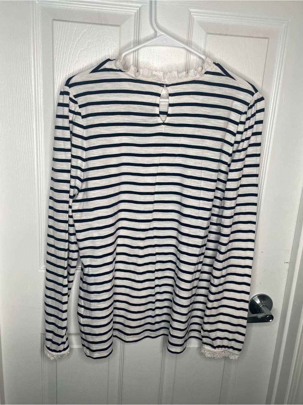 Boden Broderie Lace Ruffle Detail Striped Top Feminine Nautical in Blue/White 14 - Picture 3 of 12